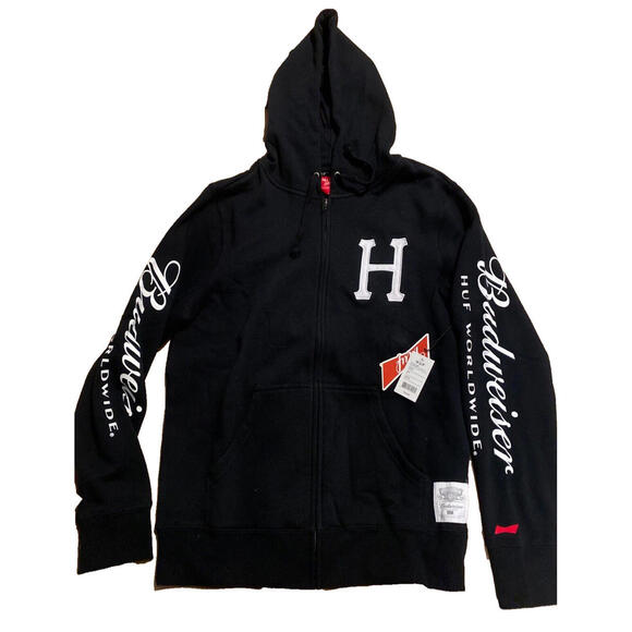 HUF x Budweiser Zip Up Hoodie MENS MEDIUM Black Pullover Embroidered & Printed - Picture 1 of 5